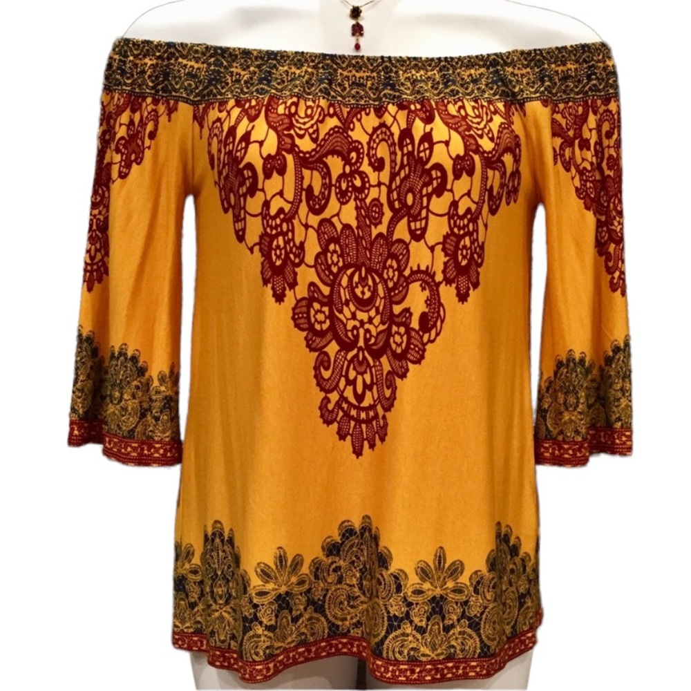 Sweet Wanderer Mustard Burgundy Navy Off Shoulder Boho Top